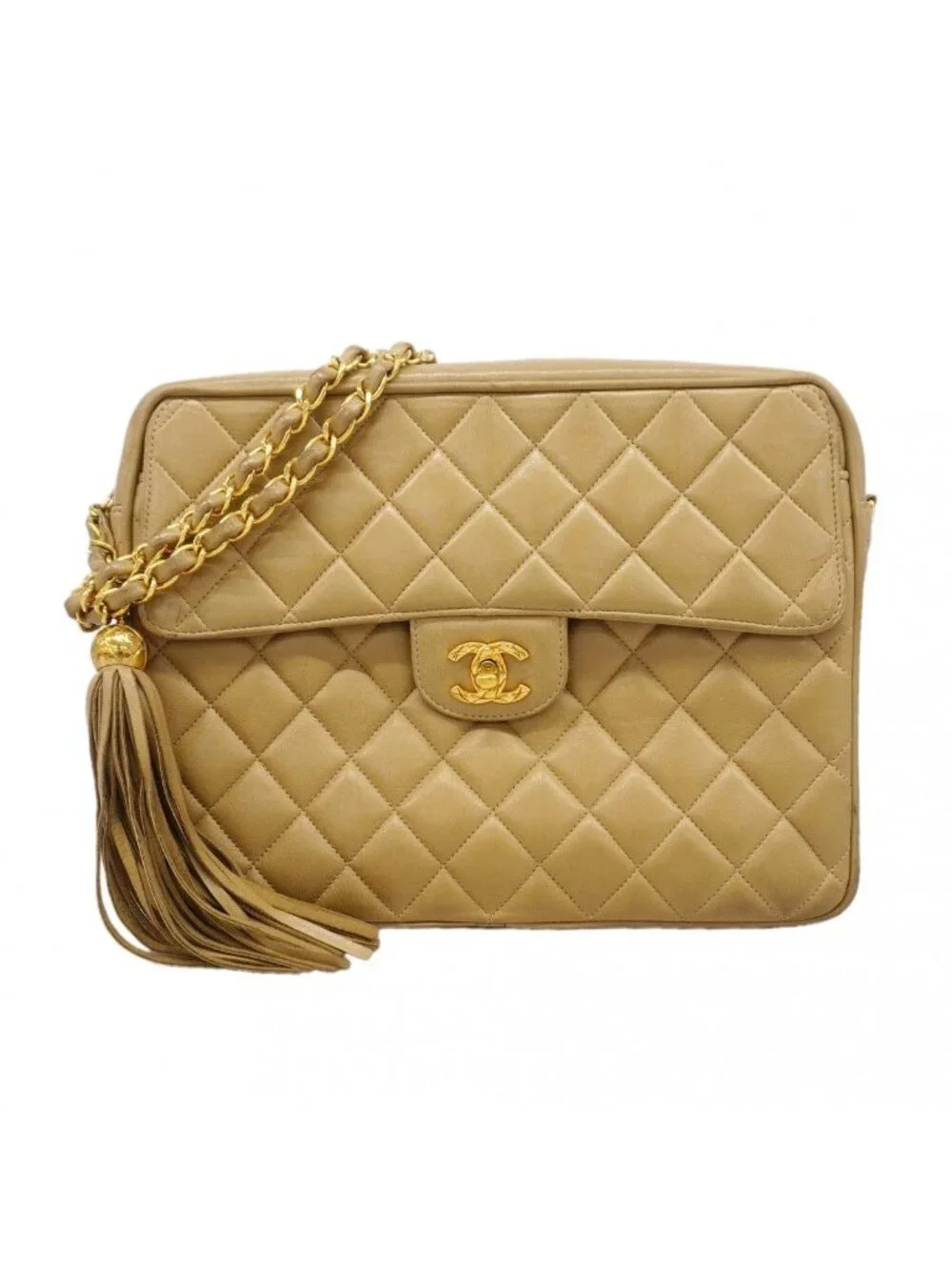 Chanel Shoulder Bag Quilted Brilliant Lambskin Beige Gold